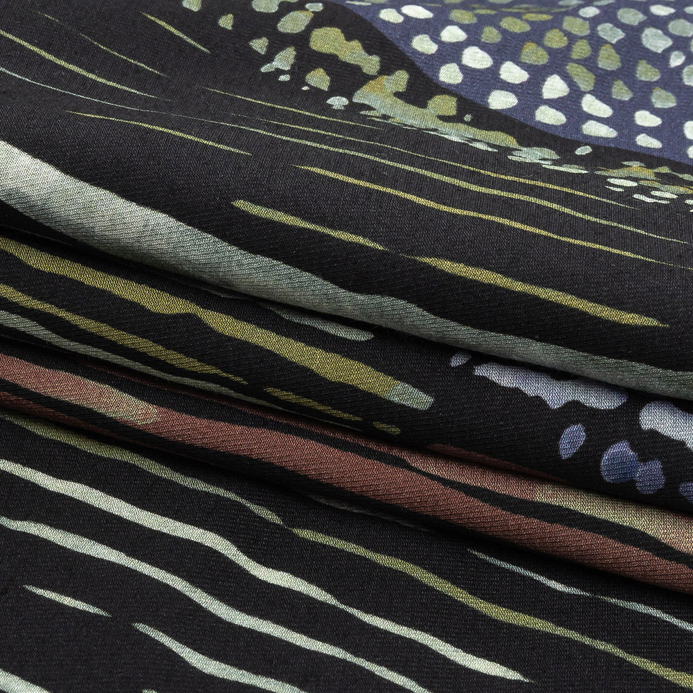Viscose Twill Panel - Black, Green and Purple Painterly Geometric - Mood Exclusive Lake Lines Folded Viscose Twill Panel - Black, Green and Purple Painterly Geometric - Mood Exclusive Lake Lines Folded