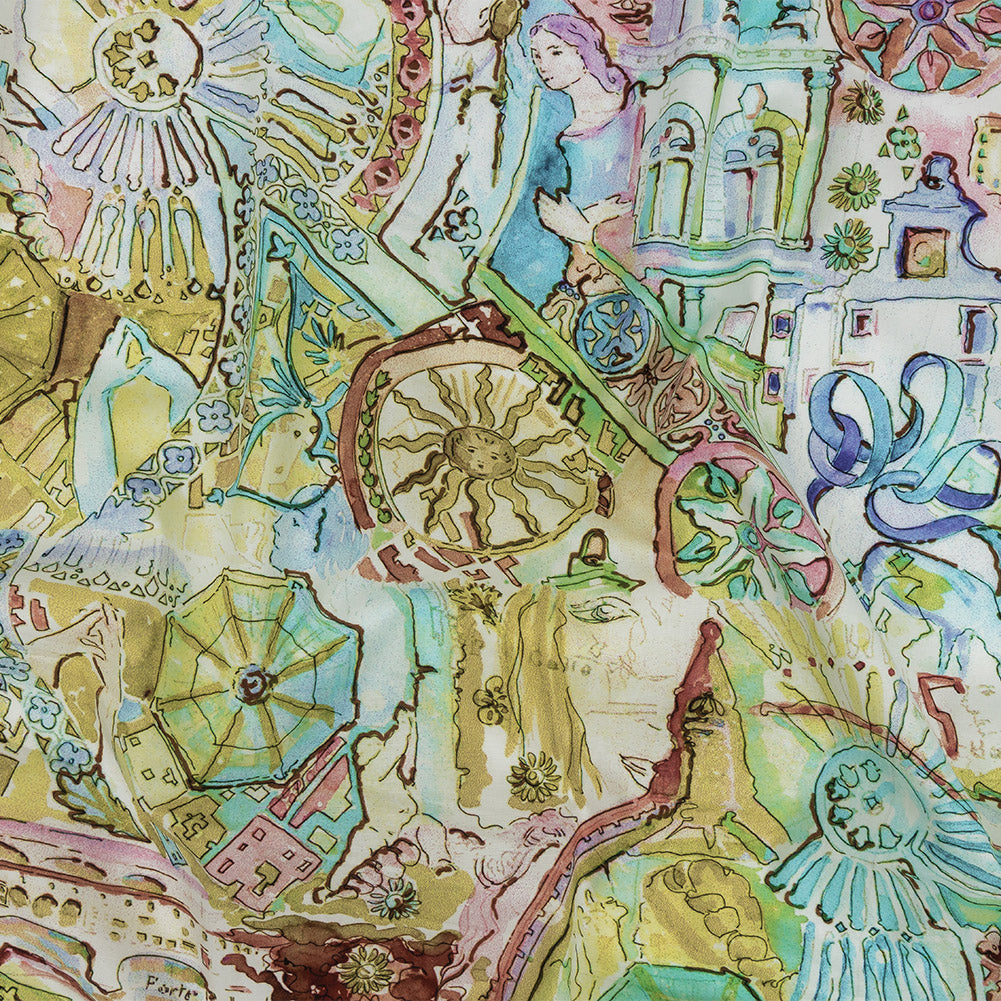 Mood Exclusive Watercolor Village Stretch Cotton Poplin Mood Exclusive Watercolor Village Stretch Cotton Poplin