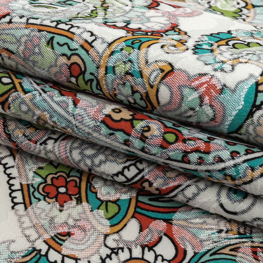 Stretch Floral Jacquard Print - Teal and Saffron Dense Paisley - Mood Exclusive Precious Paisleys Folded Stretch Floral Jacquard Print - Teal and Saffron Dense Paisley - Mood Exclusive Precious Paisleys Folded