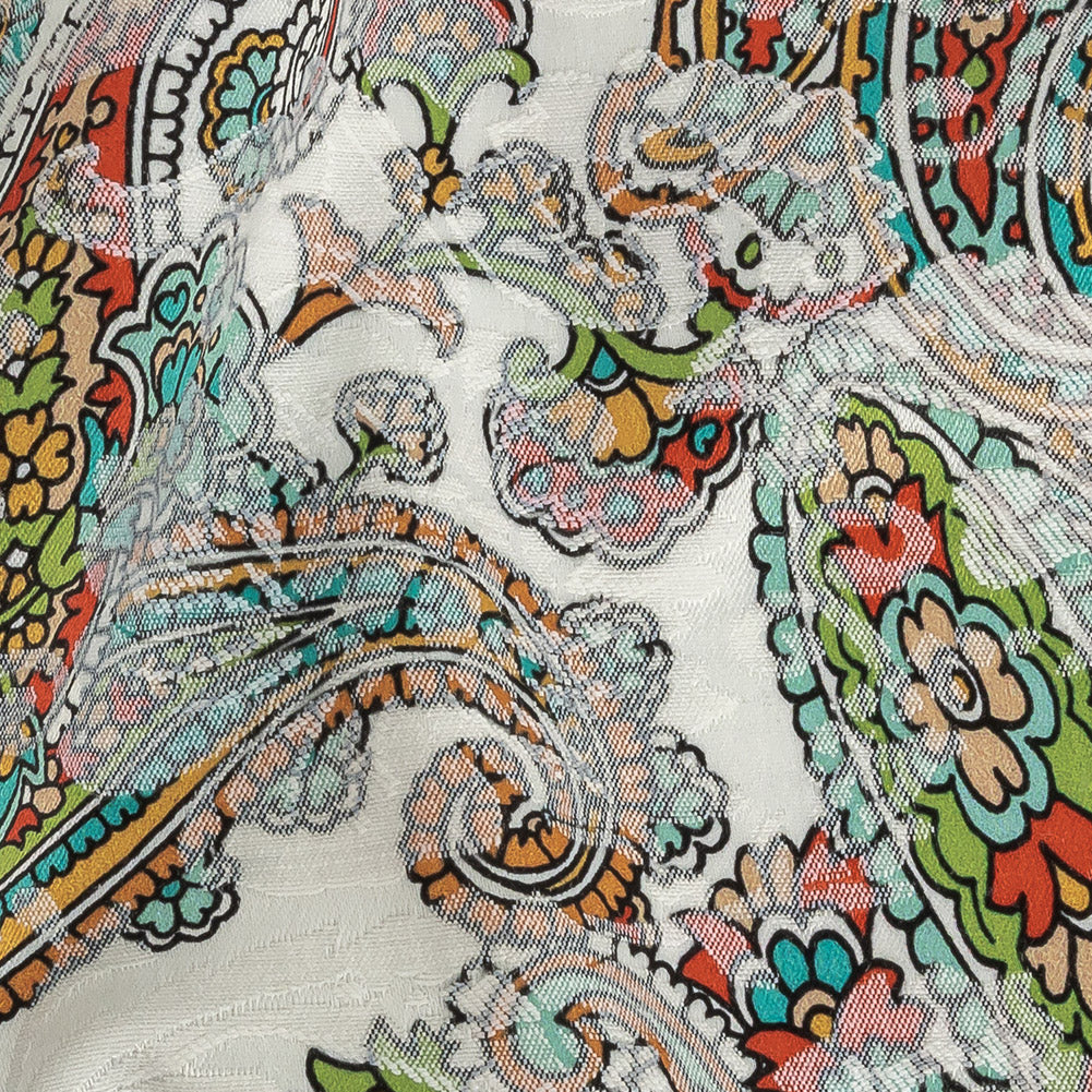 Stretch Floral Jacquard Print - Teal and Saffron Dense Paisley - Mood Exclusive Precious Paisleys Detail Stretch Floral Jacquard Print - Teal and Saffron Dense Paisley - Mood Exclusive Precious Paisleys Detail