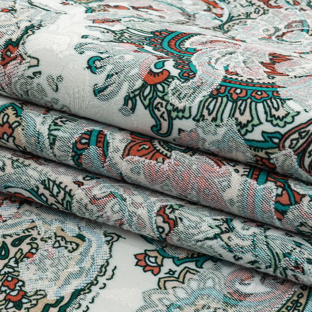 Stretch Floral Jacquard Print - Jade and Orange Ornate Medallions - Mood Exclusive Interlocking Configurations Folded Stretch Floral Jacquard Print - Jade and Orange Ornate Medallions - Mood Exclusive Interlocking Configurations Folded