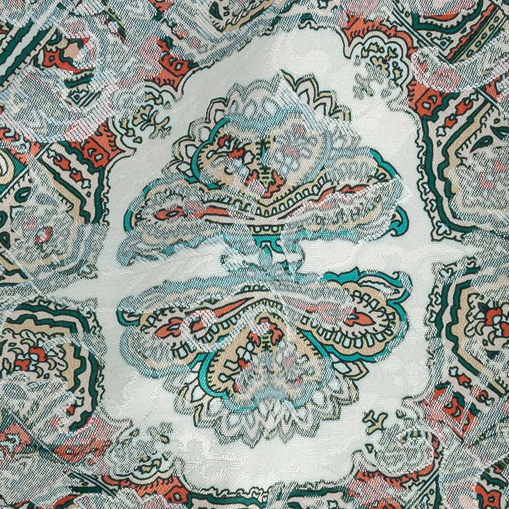 Stretch Floral Jacquard Print - Jade and Orange Ornate Medallions - Mood Exclusive Interlocking Configurations Detail Stretch Floral Jacquard Print - Jade and Orange Ornate Medallions - Mood Exclusive Interlocking Configurations Detail