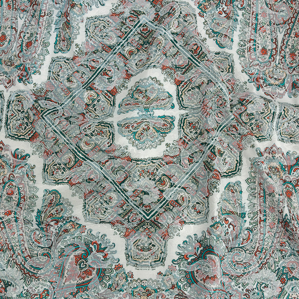 Stretch Floral Jacquard Print - Jade and Orange Ornate Medallions - Mood Exclusive Interlocking Configurations Stretch Floral Jacquard Print - Jade and Orange Ornate Medallions - Mood Exclusive Interlocking Configurations