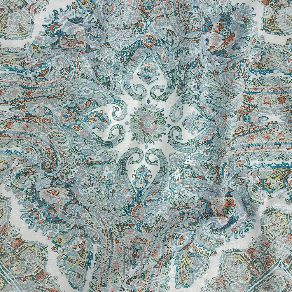Stretch Floral Jacquard Print - Turquoise and Orange Ornate Medallions - Mood Exclusive Interlocking Configurations Stretch Floral Jacquard Print - Turquoise and Orange Ornate Medallions - Mood Exclusive Interlocking Configurations