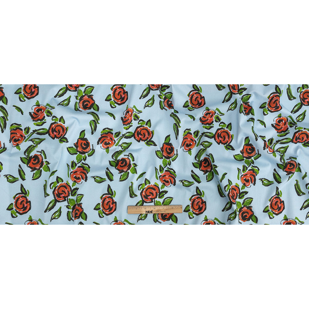 Stretch Cotton and Viscose Sateen Print - Light Blue, Red and Green Roses - Mood Exclusive Mostly Rosy Folded Stretch Cotton and Viscose Sateen Print - Light Blue, Red and Green Roses - Mood Exclusive Mostly Rosy Folded
