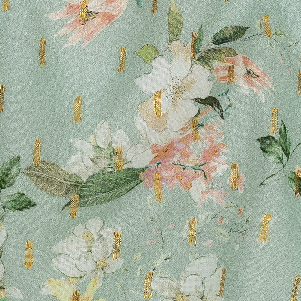 Cotton Voile Print with Metallic Dots - Seafoam and Baby Pink Floral - Mood Exclusive Bewitching Bliss Detail Cotton Voile Print with Metallic Dots - Seafoam and Baby Pink Floral - Mood Exclusive Bewitching Bliss Detail