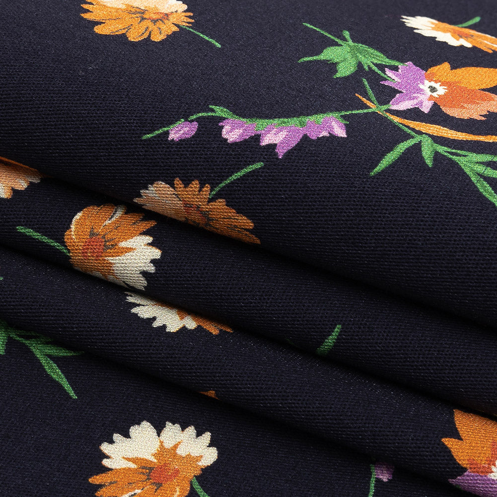 Stretch Cotton Twill Print - Midnight Navy and Orange Floral - Mood Exclusive Incandescent Waltz Folded Stretch Cotton Twill Print - Midnight Navy and Orange Floral - Mood Exclusive Incandescent Waltz Folded
