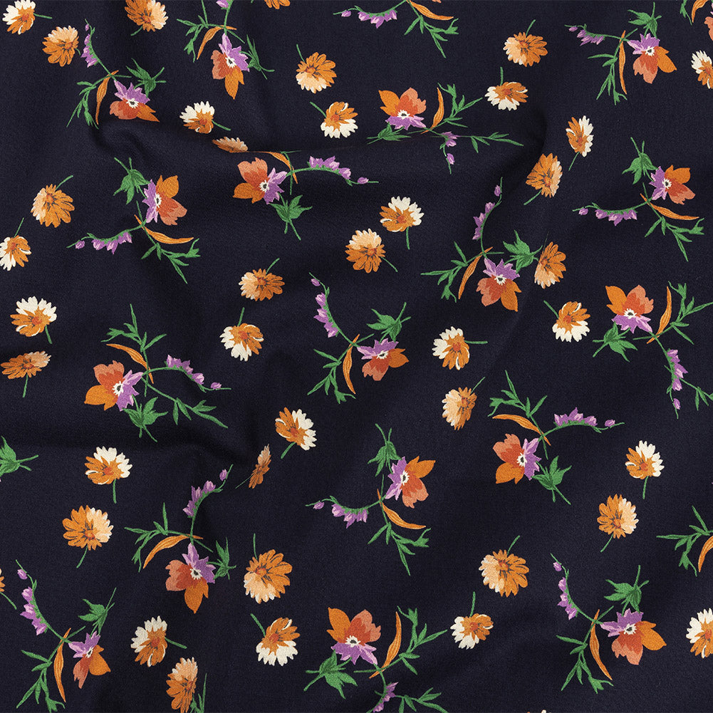 Stretch Cotton Twill Print - Midnight Navy and Orange Floral - Mood Exclusive Incandescent Waltz Stretch Cotton Twill Print - Midnight Navy and Orange Floral - Mood Exclusive Incandescent Waltz