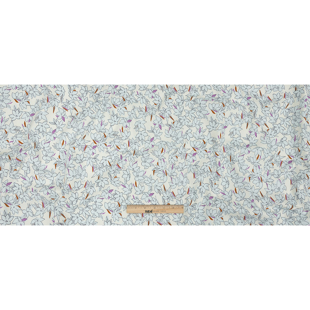 Stretch Cotton Twill Print - Ivory and Pale Blue Floral - Mood Exclusive Freesia Flock Full Stretch Cotton Twill Print - Ivory and Pale Blue Floral - Mood Exclusive Freesia Flock Full
