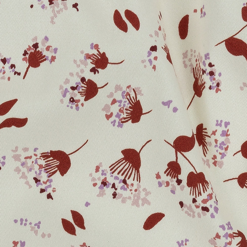Stretch Cotton Twill Print - Rust and White Dandelion Floral - Mood Exclusive Feeling Dandy Detail Stretch Cotton Twill Print - Rust and White Dandelion Floral - Mood Exclusive Feeling Dandy Detail