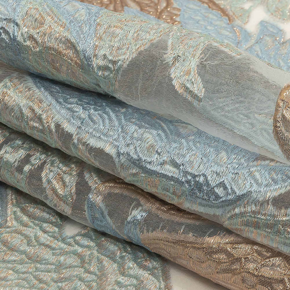 Metallic Gold and Baby Blue Leafy Luxury Burnout Brocade Folded Metallic Gold and Baby Blue Leafy Luxury Burnout Brocade Folded