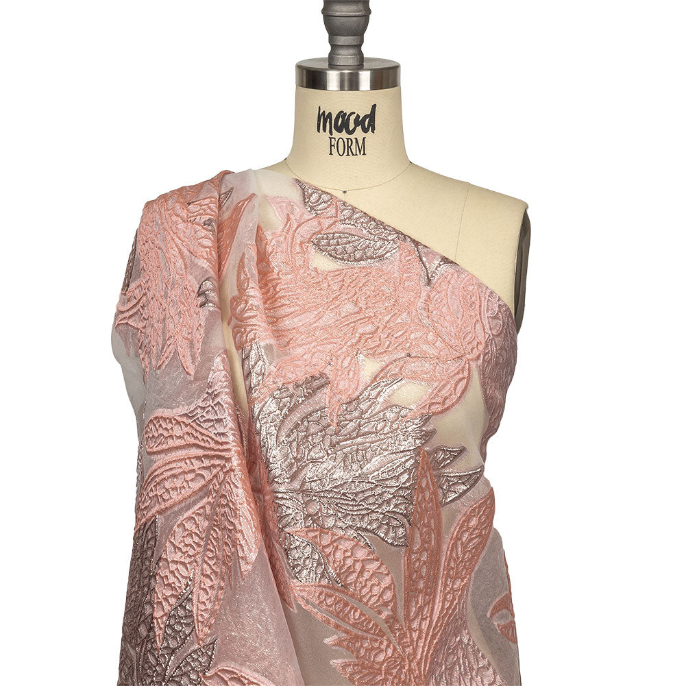 Metallic Silver and Pink Leafy Luxury Burnout Brocade Drape Metallic Silver and Pink Leafy Luxury Burnout Brocade Drape