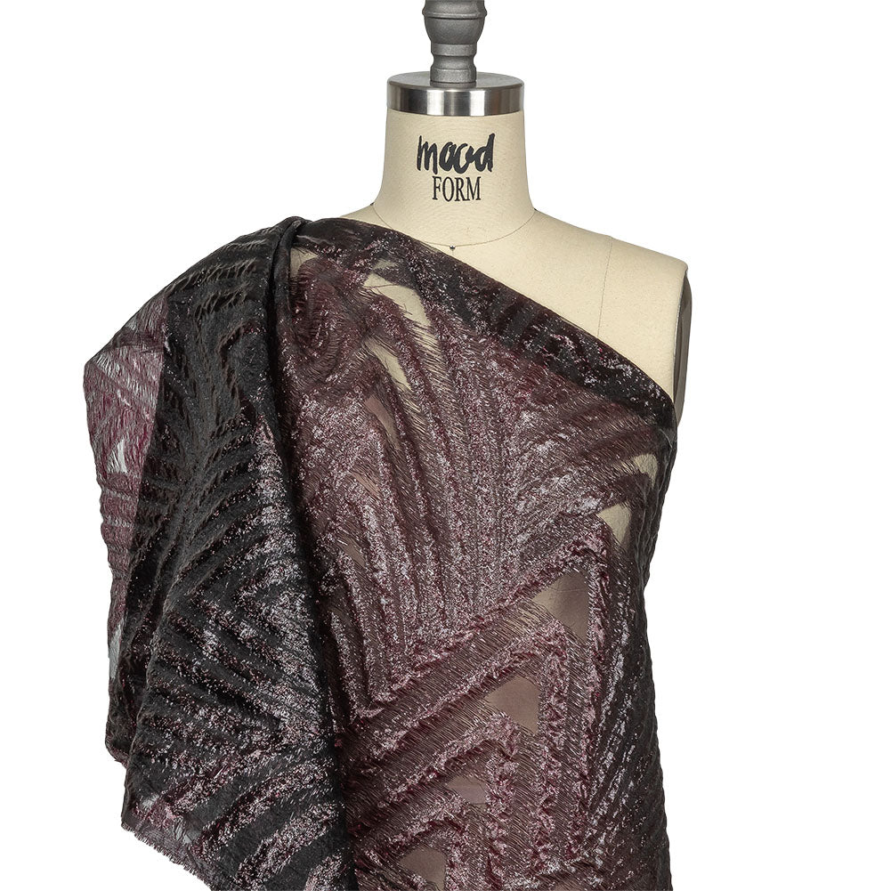 Metallic Black and Burgundy Abstract Sheer Luxury Burnout Brocade Drape Metallic Black and Burgundy Abstract Sheer Luxury Burnout Brocade Drape