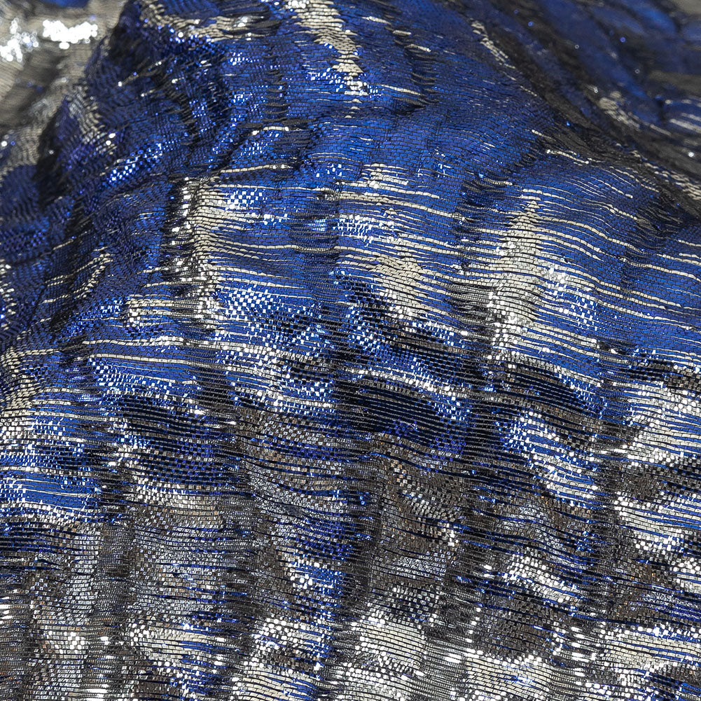 Metallic Silver and Royal Blue Leafy Luxury Burnout Brocade Detail Metallic Silver and Royal Blue Leafy Luxury Burnout Brocade Detail