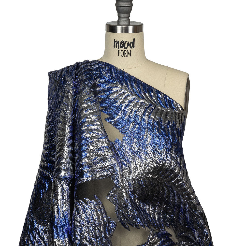 Metallic Silver and Royal Blue Leafy Luxury Burnout Brocade Drape Metallic Silver and Royal Blue Leafy Luxury Burnout Brocade Drape