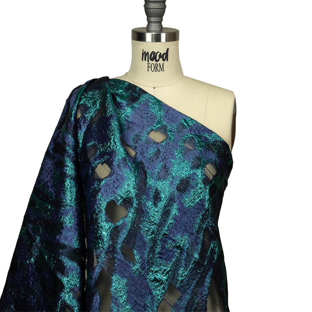 Metallic Teal and Navy Abstract Luxury Burnout Brocade Drape Metallic Teal and Navy Abstract Luxury Burnout Brocade Drape