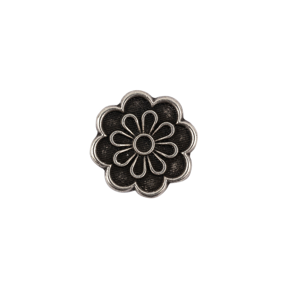 Italian Silver Oxidized Floral Shank Back Button - 24L/15mm Italian Silver Oxidized Floral Shank Back Button - 24L/15mm