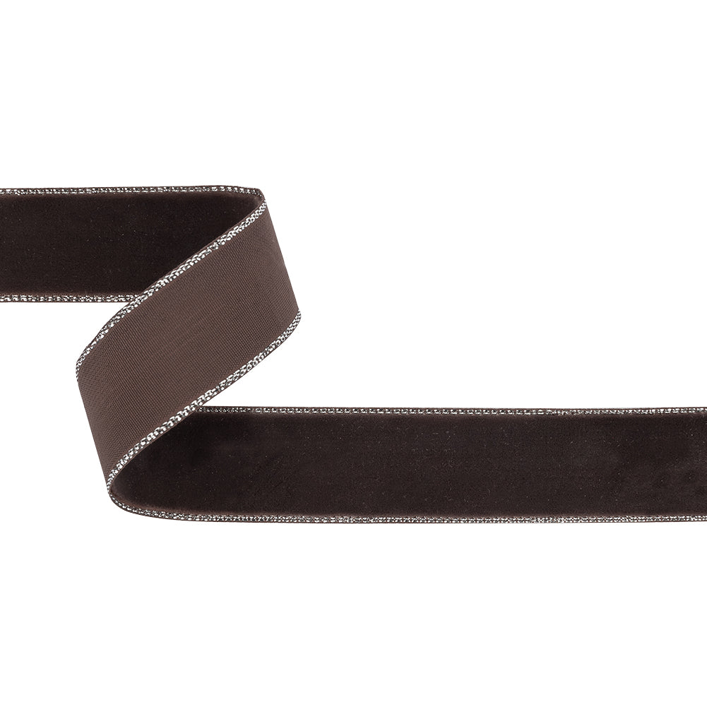 Chocolate Plum and Silver Metallic Lined Velvet Ribbon - 0.875" Chocolate Plum and Silver Metallic Lined Velvet Ribbon - 0.875"