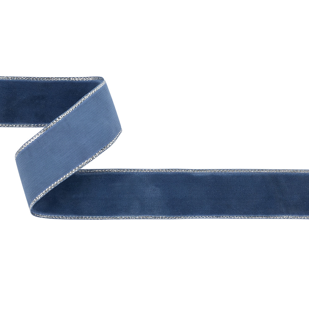 Navy Peony and Silver Metallic Lined Velvet Ribbon - 0.875" Navy Peony and Silver Metallic Lined Velvet Ribbon - 0.875"