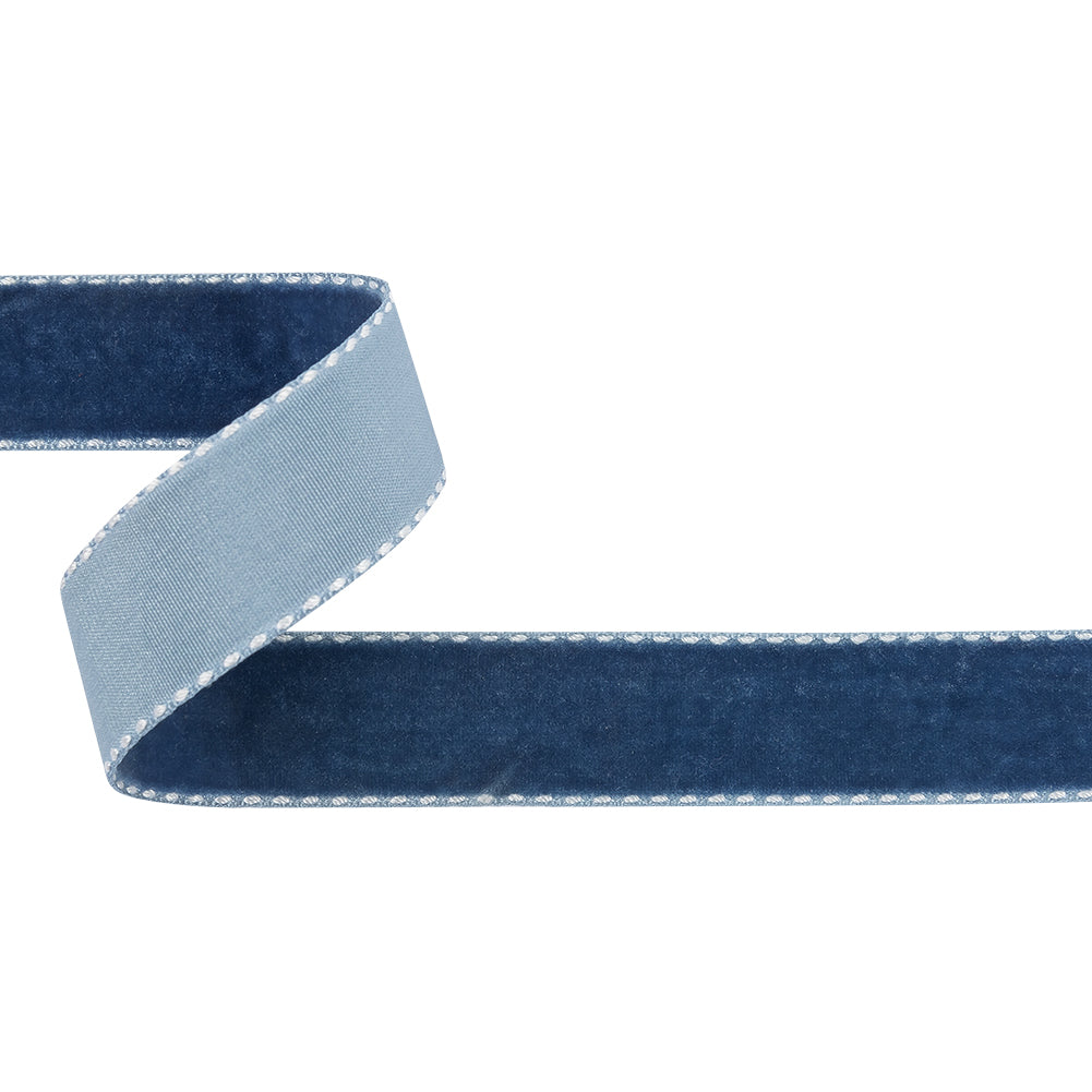 Navy Peony and White Side-Stitched Velvet Ribbon - 0.75" Navy Peony and White Side-Stitched Velvet Ribbon - 0.75"
