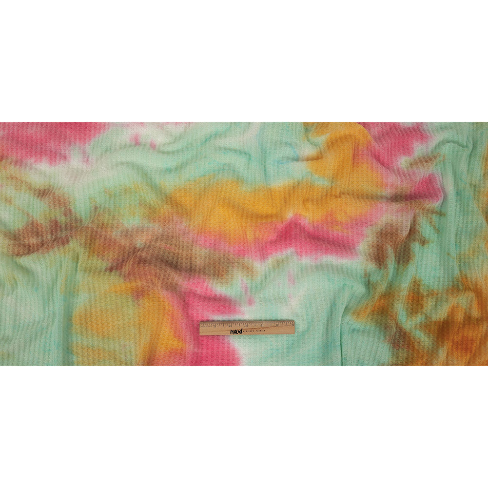 Yellow, Aqua and Pink Whisky Tie Dye Brushed Waffle Knit Folded Yellow, Aqua and Pink Whisky Tie Dye Brushed Waffle Knit Folded