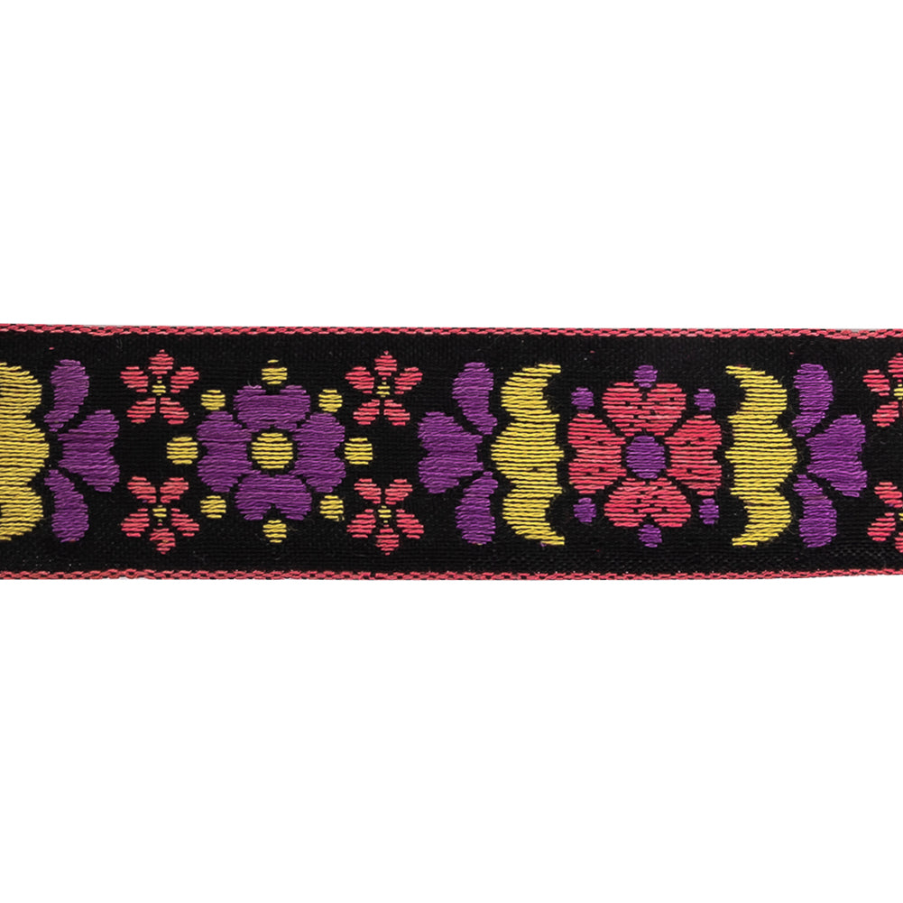 Black, Pink, Yellow and Sunset Purple Floral German Jacquard Cotton Ribbon - 0.9375" Detail Black, Pink, Yellow and Sunset Purple Floral German Jacquard Cotton Ribbon - 0.9375" Detail