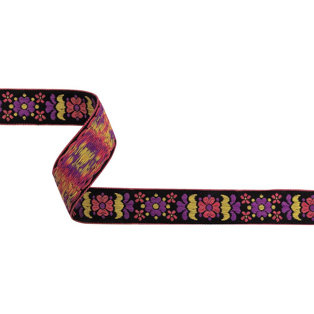 Black, Pink, Yellow and Sunset Purple Floral German Jacquard Cotton Ribbon - 0.9375" Black, Pink, Yellow and Sunset Purple Floral German Jacquard Cotton Ribbon - 0.9375"