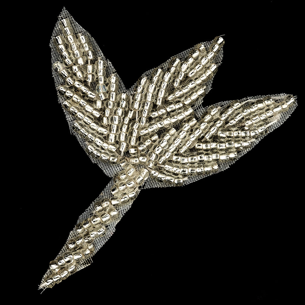 Platinum Frosting and Warm Gray Beaded Leaf Applique - 2" x 2.375" Detail Platinum Frosting and Warm Gray Beaded Leaf Applique - 2" x 2.375" Detail