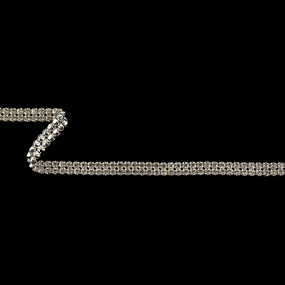 Vintage Two Row Crystal Rhinestones in Silver Prong Settings on White Mesh - 0.375" Vintage Two Row Crystal Rhinestones in Silver Prong Settings on White Mesh - 0.375"