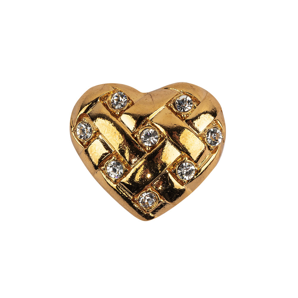 Vintage Swarovski Crystal Rhinestones and Gold Metal Faux Basket Weave Shank Back Heart-Shaped Button - 36L/23mm Vintage Swarovski Crystal Rhinestones and Gold Metal Faux Basket Weave Shank Back Heart-Shaped Button - 36L/23mm