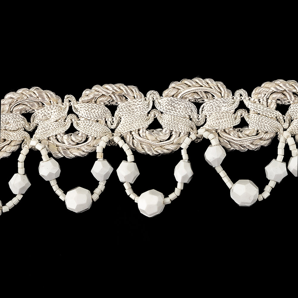 Vintage Ivory Braided Trimming with White Chop and Faceted Beaded Fringe - 1.5" Detail Vintage Ivory Braided Trimming with White Chop and Faceted Beaded Fringe - 1.5" Detail