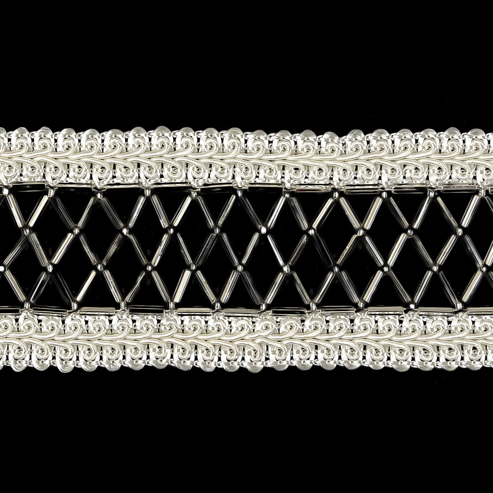 Vintage Silver and Ivory Diamond Lattice Woven Beaded Trim - 1.75" Detail Vintage Silver and Ivory Diamond Lattice Woven Beaded Trim - 1.75" Detail
