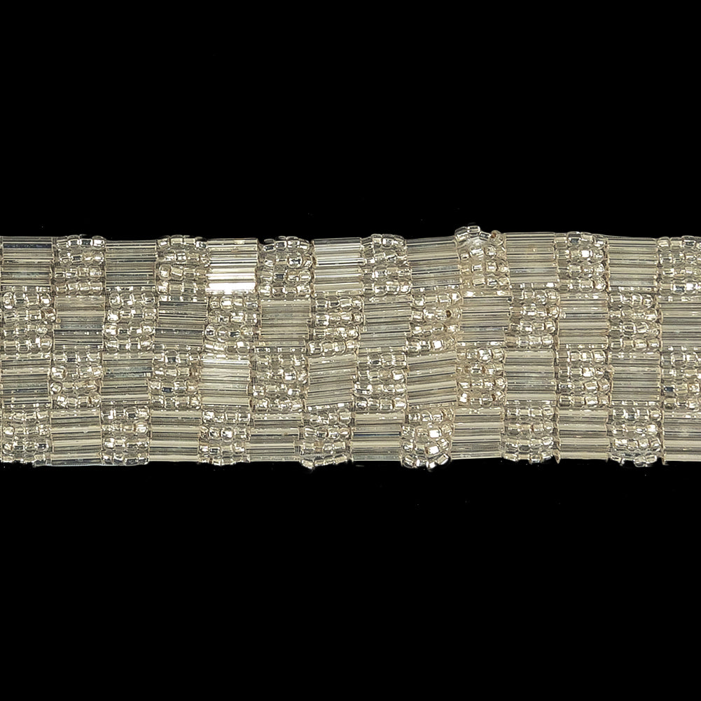 Vintage Silver Lined 4 Row Seed and Bugle Bead Checkerboard Trimming - 1.25" Detail Vintage Silver Lined 4 Row Seed and Bugle Bead Checkerboard Trimming - 1.25" Detail