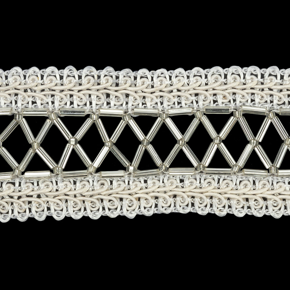 Vintage Silver and Ivory Lattice Window Rectangular Beaded and Braided Applique - 7.75" x 1.5" Detail Vintage Silver and Ivory Lattice Window Rectangular Beaded and Braided Applique - 7.75" x 1.5" Detail