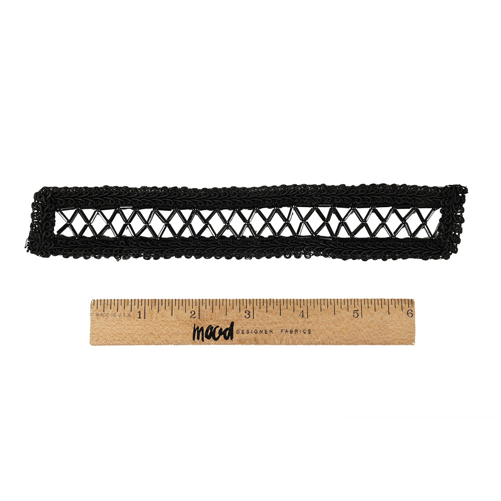 Vintage Black Rectangular Beaded Latticework and Gimp Braid Applique - 7.875" x 1.375" Full Vintage Black Rectangular Beaded Latticework and Gimp Braid Applique - 7.875" x 1.375" Full