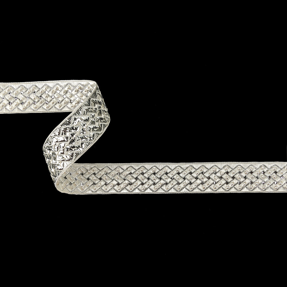 Vintage White and Silver Lurex and Rayon Blend Beaded Ribbon - 1" Vintage White and Silver Lurex and Rayon Blend Beaded Ribbon - 1"
