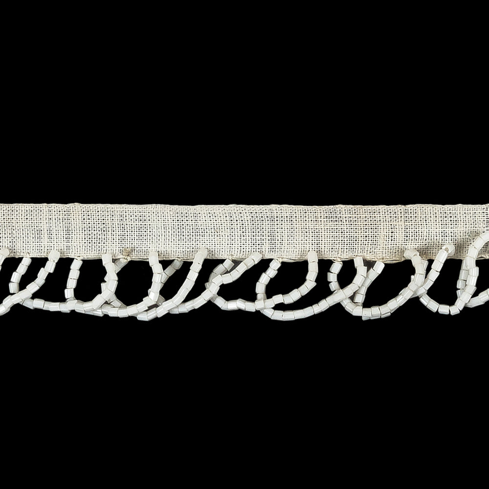 Vintage White Seed Beaded Looped Fringe on Cotton Tape - 0.875" Detail Vintage White Seed Beaded Looped Fringe on Cotton Tape - 0.875" Detail