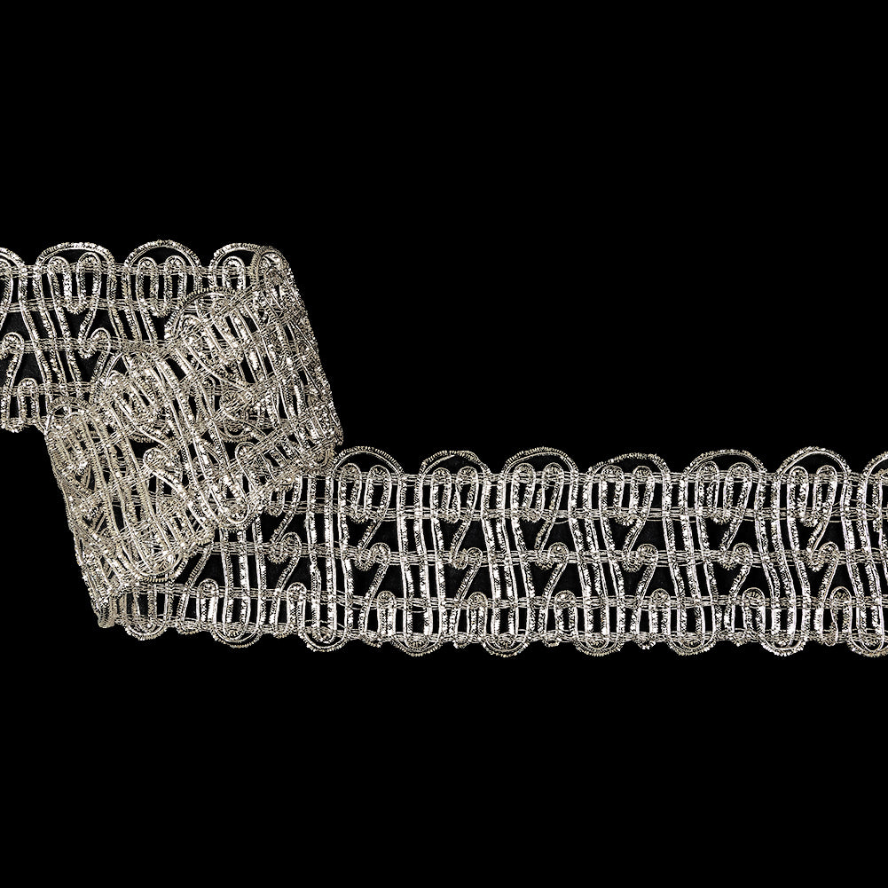 Vintage Metallic Silver Twisting Lines Braided Trim - 2" Vintage Metallic Silver Twisting Lines Braided Trim - 2"