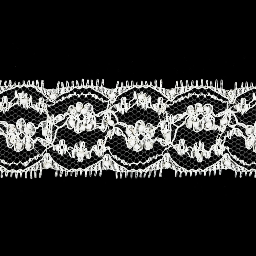 Vintage White Beaded Floral Lace Trim with Picot Edging - 1.25" Detail Vintage White Beaded Floral Lace Trim with Picot Edging - 1.25" Detail