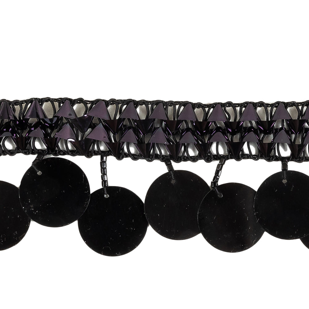 Vintage Metallic Black Braided Trim with Black Beads and Paillette Sequins Fringe - 1.75" Detail Vintage Metallic Black Braided Trim with Black Beads and Paillette Sequins Fringe - 1.75" Detail