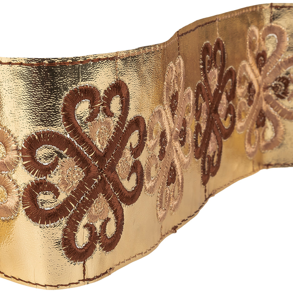 Vintage English Beige and Brown Embroidered Gold Metallic Vinyl Ribbon - 2.75" Detail Vintage English Beige and Brown Embroidered Gold Metallic Vinyl Ribbon - 2.75" Detail