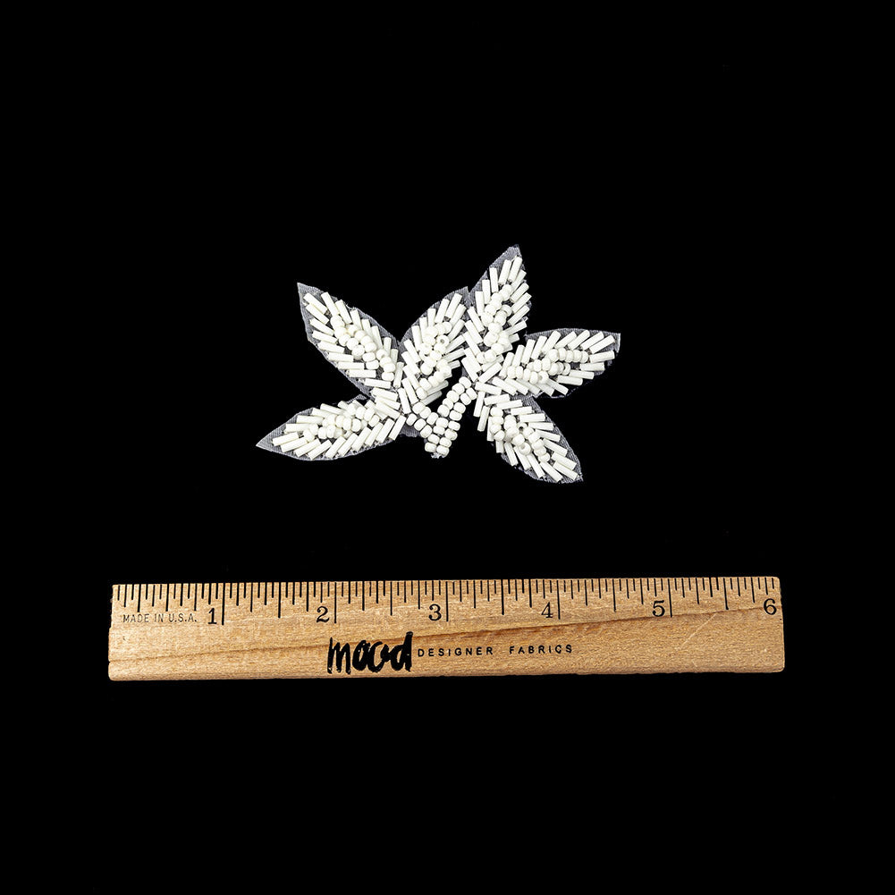 Vintage Opaque White Bugle and Seed Beaded Foliage Applique - 2.25" x 3.25" Full Vintage Opaque White Bugle and Seed Beaded Foliage Applique - 2.25" x 3.25" Full