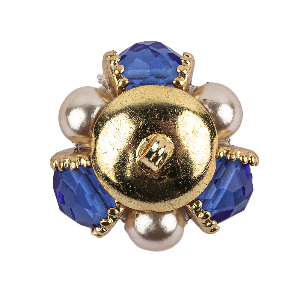 Vintage Swarovski Sapphire, Pearl and Gold Floral Ornate Shank Back Button - 48L/30.5mm Detail Vintage Swarovski Sapphire, Pearl and Gold Floral Ornate Shank Back Button - 48L/30.5mm Detail