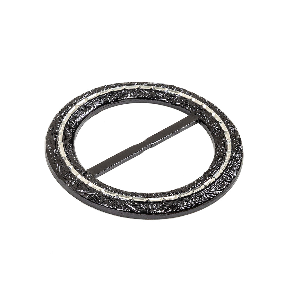 Vintage Black Classical Swirls Round Slider with Faceted Silver Band - 2.75" x 2.75" Detail Vintage Black Classical Swirls Round Slider with Faceted Silver Band - 2.75" x 2.75" Detail