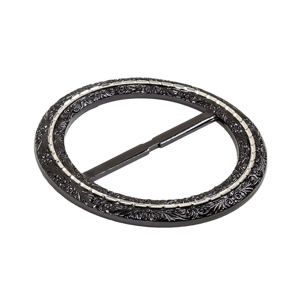 Vintage Black Classical Swirls Round Slider with Faceted Silver Band - 3.25" x 3.25" Detail Vintage Black Classical Swirls Round Slider with Faceted Silver Band - 3.25" x 3.25" Detail