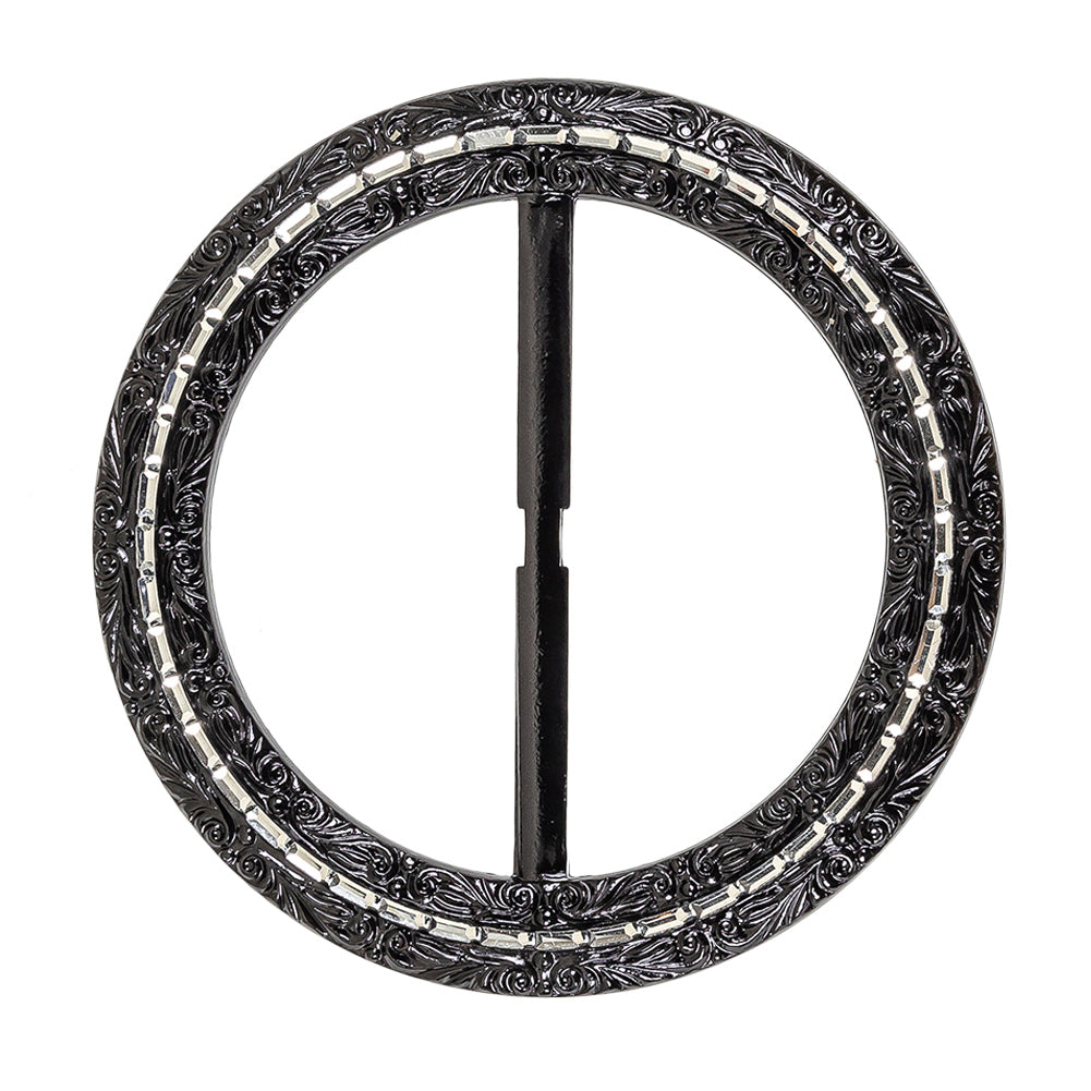 Vintage Black Classical Swirls Round Slider with Faceted Silver Band - 3.25" x 3.25" Vintage Black Classical Swirls Round Slider with Faceted Silver Band - 3.25" x 3.25"