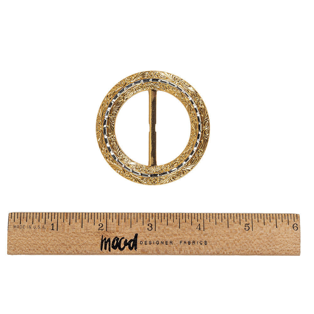 Vintage Gold Classical Swirls Round Slider with Faceted Silver Band - 2.375" x 2.375" Folded Vintage Gold Classical Swirls Round Slider with Faceted Silver Band - 2.375" x 2.375" Folded
