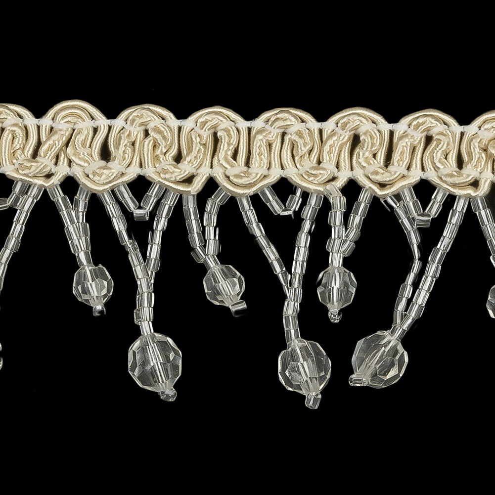 Vintage Crystal Faceted Round and Chop Beaded Fringe on Ivory Braid - 1.75" Detail Vintage Crystal Faceted Round and Chop Beaded Fringe on Ivory Braid - 1.75" Detail