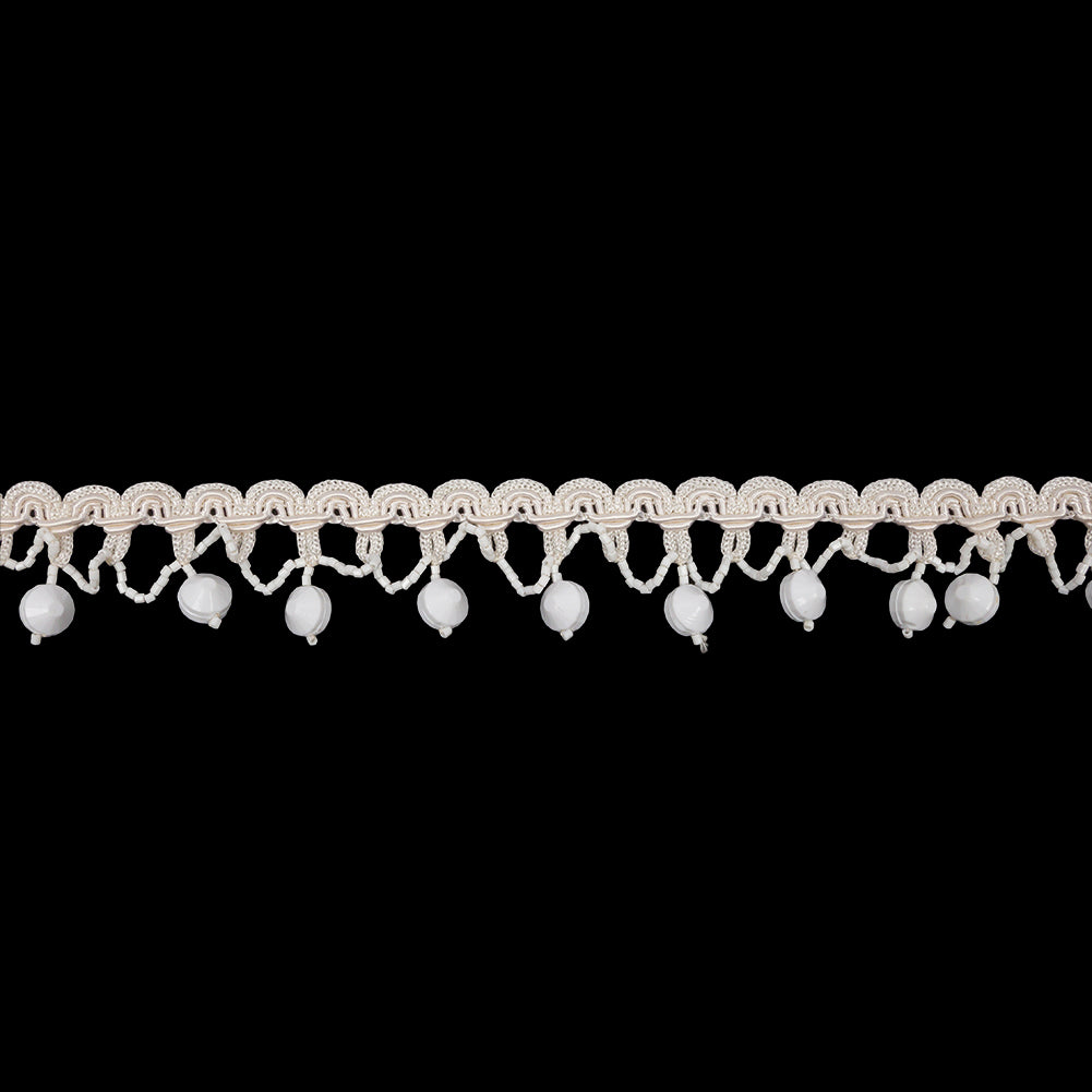 Vintage White Faceted and Seed Beaded Loops Fringe on Ivory Braided Trim - 1.25" Vintage White Faceted and Seed Beaded Loops Fringe on Ivory Braided Trim - 1.25"