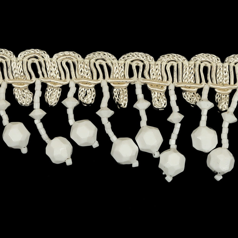 Vintage Chalk White Faceted and Seed Beaded Fringe on Ivory Braid - 1.5" Detail Vintage Chalk White Faceted and Seed Beaded Fringe on Ivory Braid - 1.5" Detail